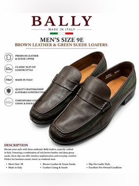 Bally Rumo Brown Leather & Green Suede Loafers Men’s 9E Made in Italy